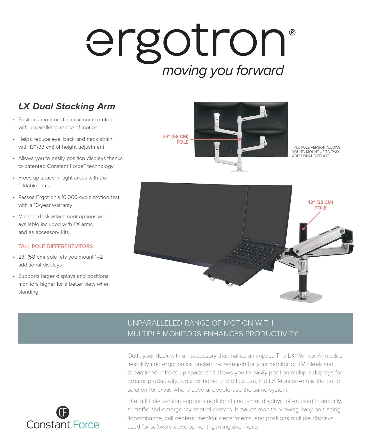 A large marketing image providing additional information about the product Ergotron LX Dual Stacking Arm Tall Pole - White - Additional alt info not provided